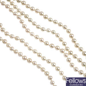 A selection of five cultured pearl single-row necklaces.