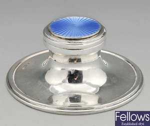 A George V silver and enamel inkwell.