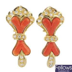 A pair of 18ct gold coral and diamond ear pendants.