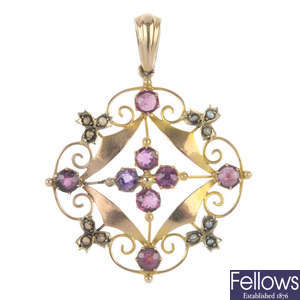 An early 20th century 9ct gold garnet and seed pearl pendant.