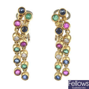 A pair of gem-set and diamond ear pendants. 