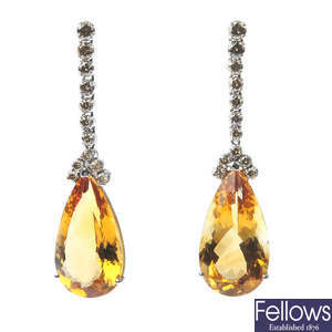 A pair of 18ct gold citrine and diamond ear pendants.