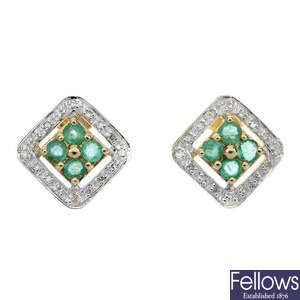 A pair of 9ct gold emerald and diamond cluster ear studs