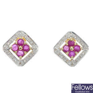 A pair of 9ct gold ruby and diamond cluster ear studs. 