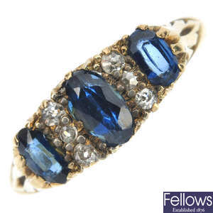 An early 20th century gold sapphire and diamond ring.
