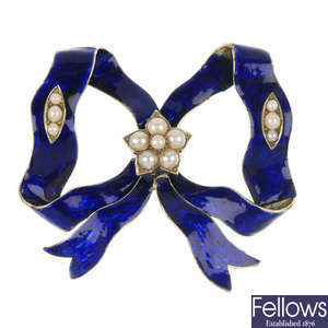 A 19th century gold, enamel and split pearl bow brooch.