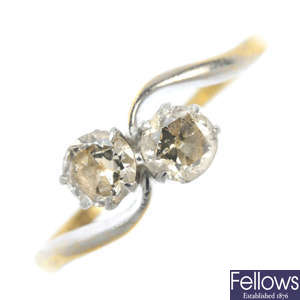 A mid 20th century 18ct gold and platinum diamond two-stone ring