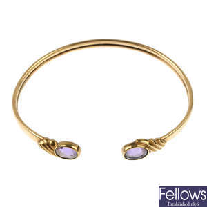 A 9ct gold amethyst cuff and 9ct gold bracelet. 