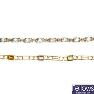 A 9ct gold topaz and diamond bracelet and a multi-gem bracelet.