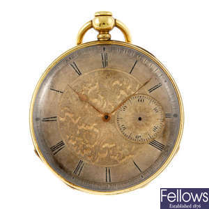A yellow metal open face repeater pocket watch by Mouline & Co.
