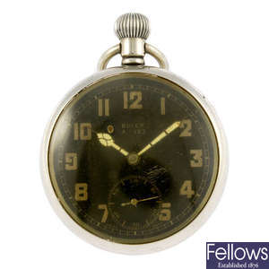 An open face miltary issue pocket watch by Rolex.
