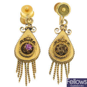 Two pairs of late 19th century gold gem-set ear pendants.