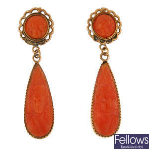 A pair of late 19th century 9ct gold coral ear pendants.