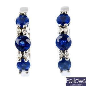 A pair of 14ct gold sapphire and diamond ear hoops.
