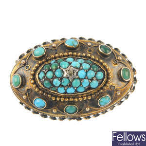 A late Victorian 15ct gold turquoise and diamond brooch, circa 1880. 