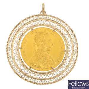 A 9ct gold mounted 1915 restrike Austrian Ducat pendant. 