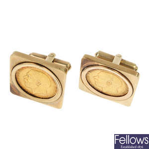 A pair of 9ct gold mounted half-sovereign cufflinks.