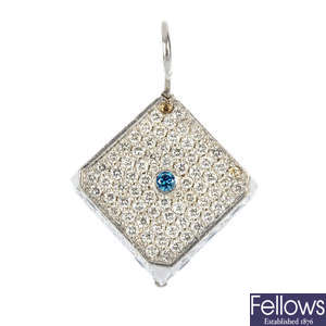 A diamond and colour treated 'blue' diamond novelty dice pendant.