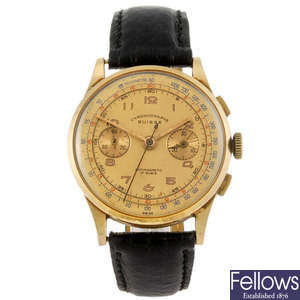 CHRONOGRAPHIE SUISSE - a yellow metal gentleman's chronograph wrist watch.