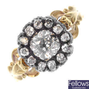 A mid 19th century gold and silver diamond cluster ring.