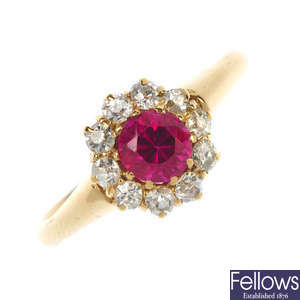 An Edwardian 18ct gold synthetic ruby and diamond cluster ring.
