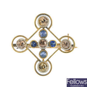 An early 20th century gold, diamond and sapphire brooch. 