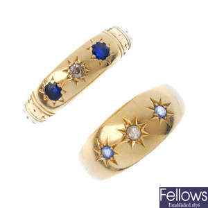 Two late 19th to early 20th century 18ct gold sapphire and diamond three-stone rings.