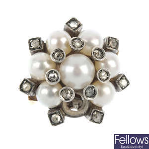 A cultured pearl and diamond cluster dress ring.