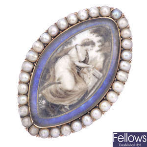 A late 18th century gold seed pearl and enamel memorial ring.