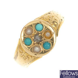 An early 20th century gold diamond, split pearl and turquoise ring.