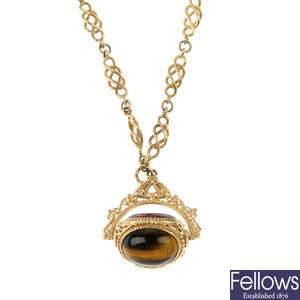 A 9ct gold hardstone fob and chain. 