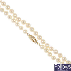 A selection of four cultured pearl single-strand necklaces.