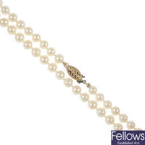 A selection of five cultured pearl single-strand necklaces. 