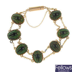 A late 19th century gold scarab bracelet.