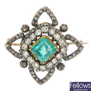 A mid 19th century gold and silver, emerald and diamond pendant.