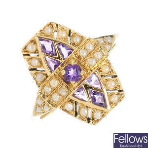 A 9ct gold amethyst and split pearl dress ring.