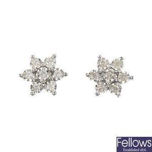 A pair of 9ct gold diamond floral cluster ear studs.