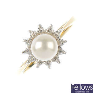 A 9ct gold cultured pearl and diamond cluster ring.