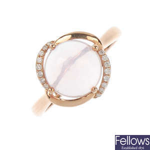 An 18ct gold rose quartz and diamond ring.
