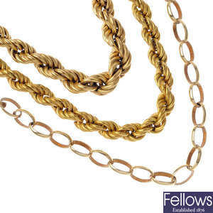 A selection of three 9ct gold necklace chains.