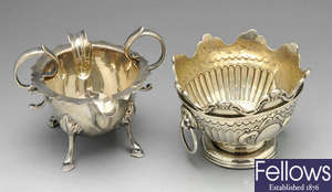 A late Victorian silver dual sided sauce boat, etc.