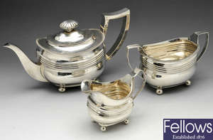 A George III  silver composite three piece silver tea service.