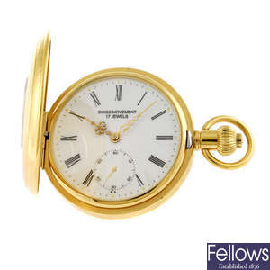 A gold plated half hunter pocket watch together with a gold plated Albert chain.