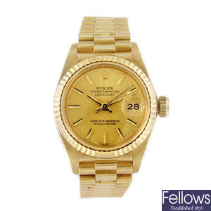 ROLEX - a lady's 18ct yellow gold Oyster Perpetual Datejust bracelet watch. 