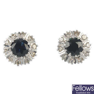 A pair of 18ct gold sapphire and diamond cluster ear studs.