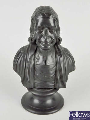 A 20th century Wedgwood black basalt bust of John Wesley