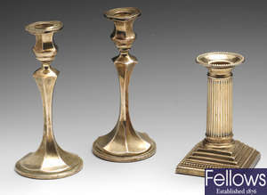 A late Victorian silver mounted candlestick, etc.