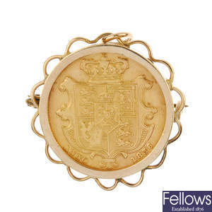 A 9ct gold full sovereign coin pendant.