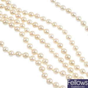A selection of three freshwater cultured pearl single-strand necklaces. 