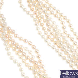 A group of six freshwater cultured pearl single-row necklaces. 